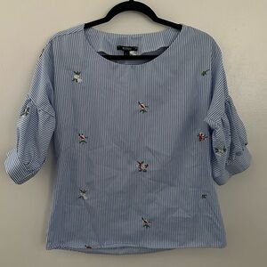 Chic Mango Blue Striped Blouse with Embroidery